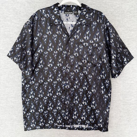 VTG ODO Button Shirt Men Large‎ Flame Print Metallic Y2K Raver Cyber Grunge Punk - Picture 1 of 6